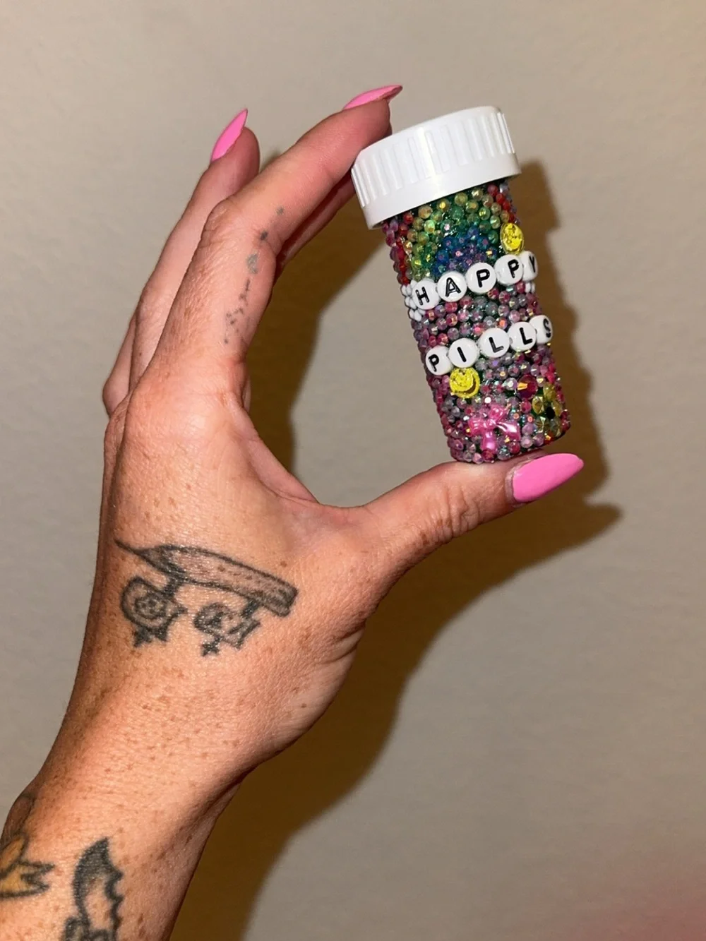 Happy Pills Handmade Bedazzled Pill Bottle |